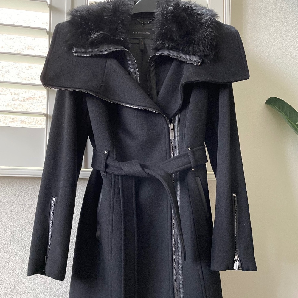 BCBGMaxazria Black Wool Cashmere Blend Fur Collar Coat Belted Waist